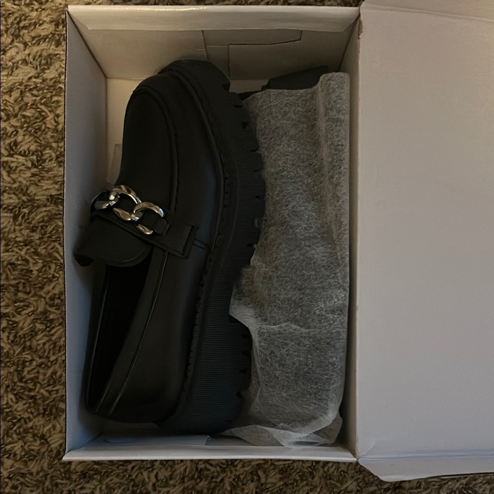 Chunky Black Loafers with Silver Chain Detail